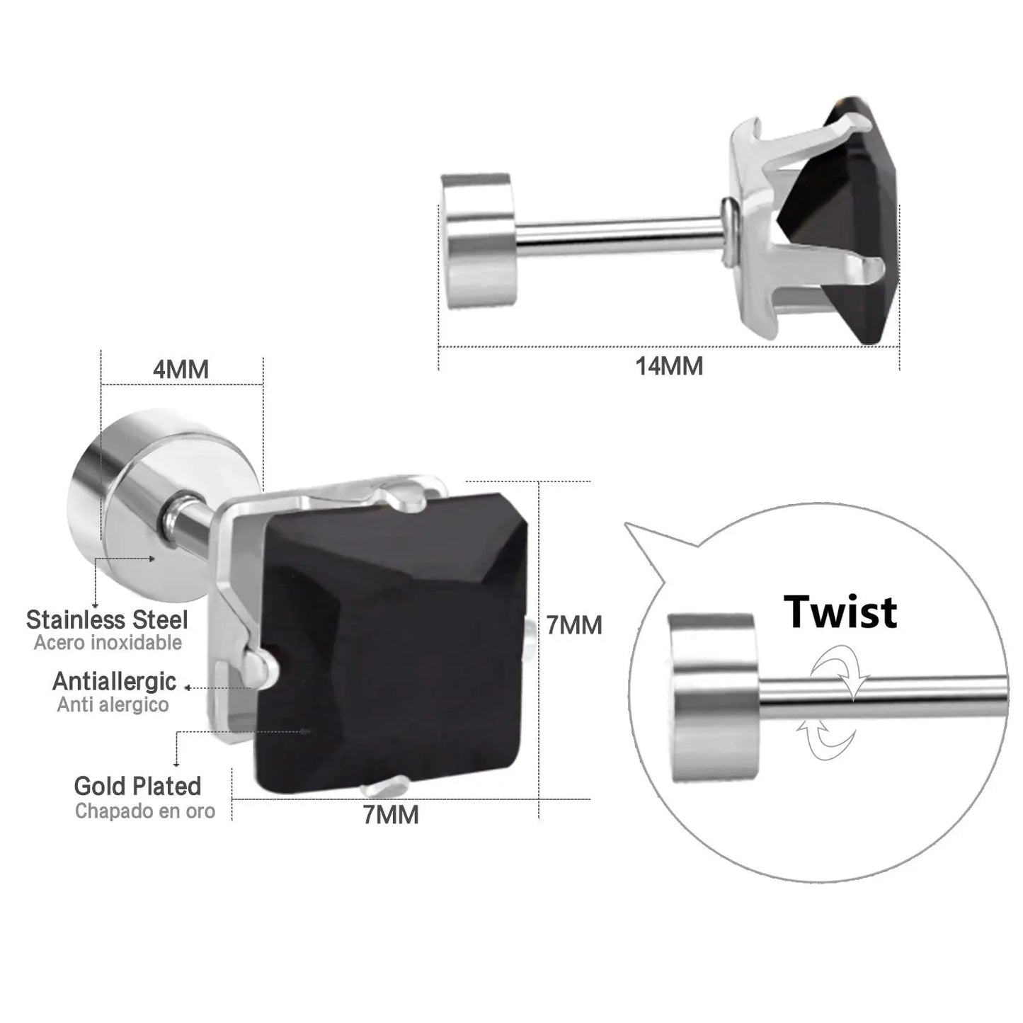 Square Crystal Kids CZ Stud Earrings For Women Men Fashion Jewelry Stainless Steel Earings pendientes oorbellen asonjewelry