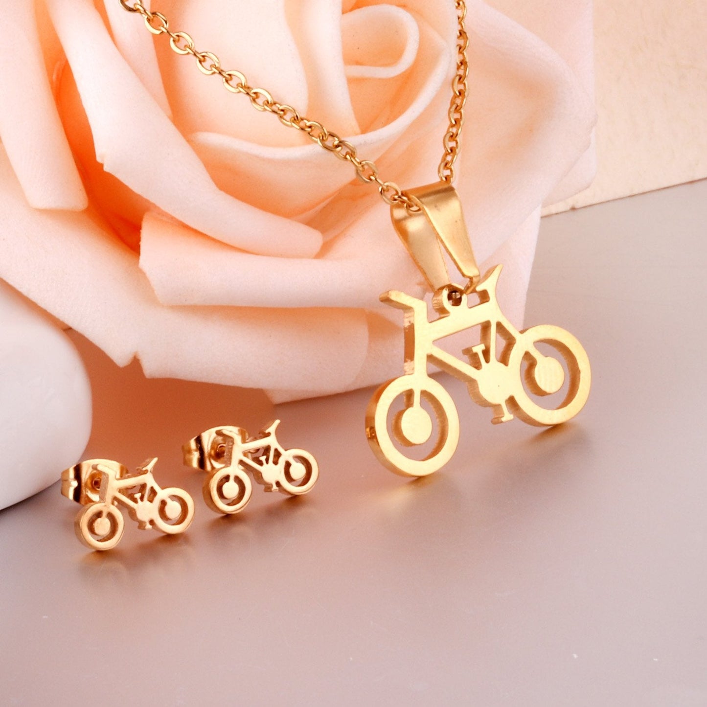 ASON Gold Color Jewelry Sets 316L Stainless Steel for Women Men Bike Shape Pendant Necklace Small Stud Earrings for Femme asonjewelry