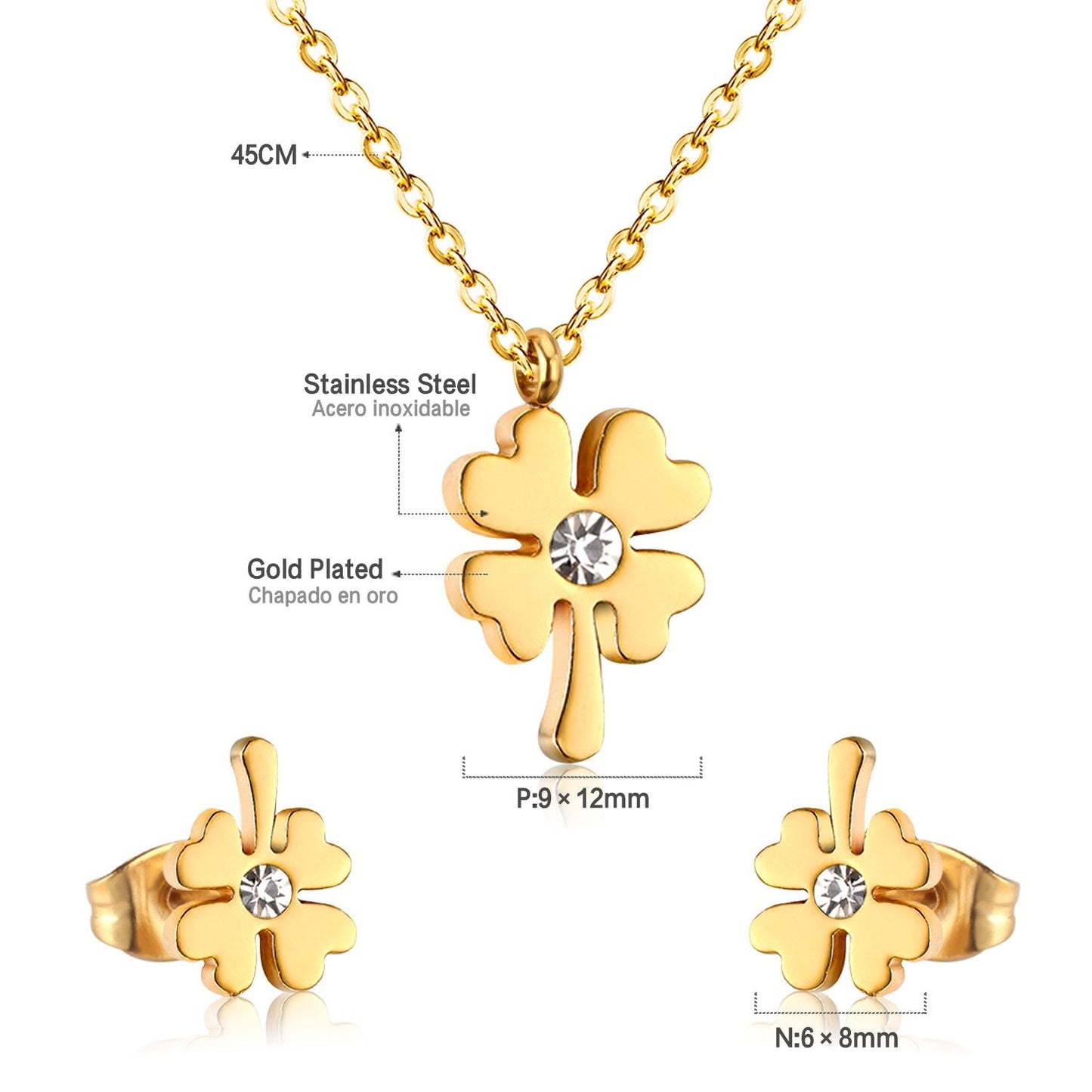 ASON Flower Cubic Zirconia Chain Pendant Necklace Piercing Stud Earrings Jewelry Sets Gold Color Stainless Steel For Women asonjewelry