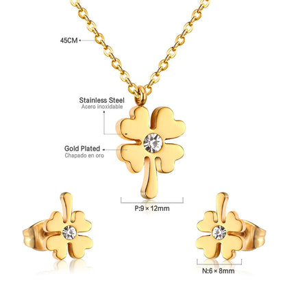 ASON Flower Cubic Zirconia Chain Pendant Necklace Piercing Stud Earrings Jewelry Sets Gold Color Stainless Steel For Women asonjewelry