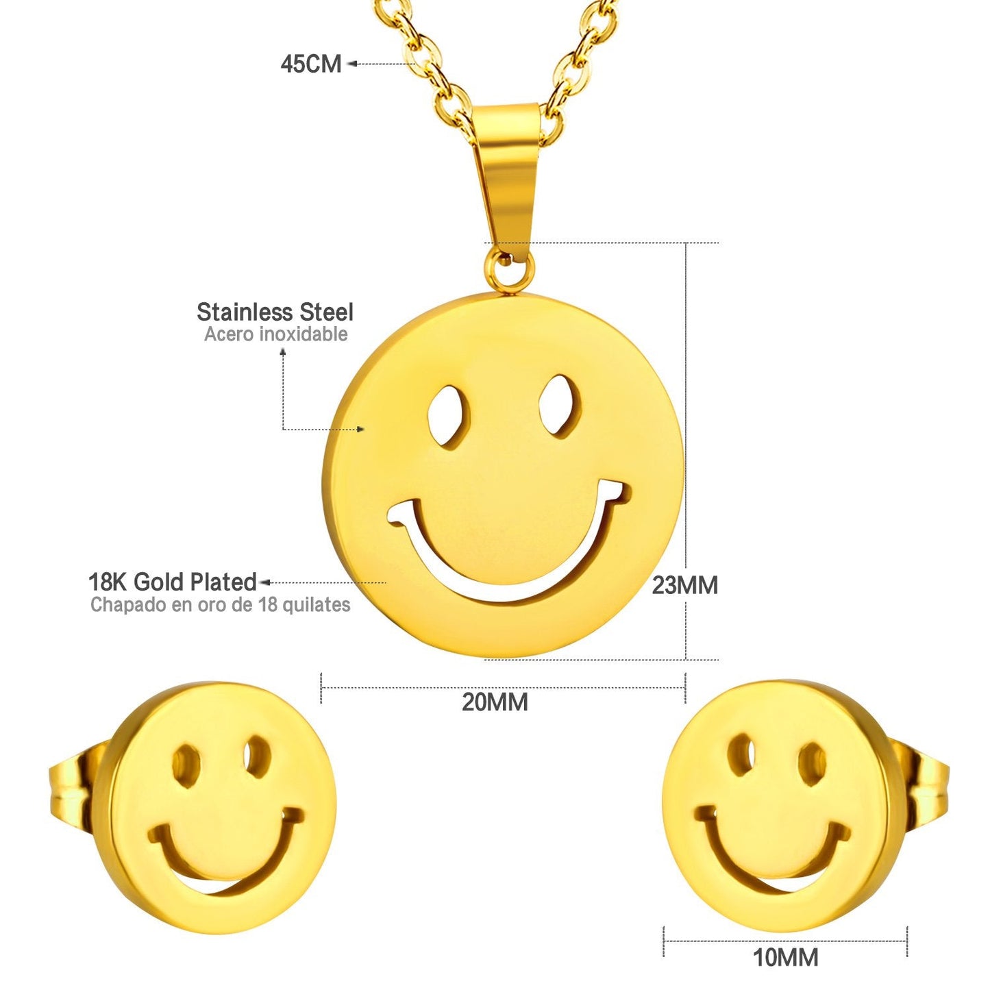 ASON Smile Face Jewelry Set Stainless Steel Pendant Necklace Small Piercing Stud Earrings Gold Color Fashion Party Gift asonjewelry