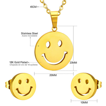 ASON Smile Face Jewelry Set Stainless Steel Pendant Necklace Small Piercing Stud Earrings Gold Color Fashion Party Gift asonjewelry