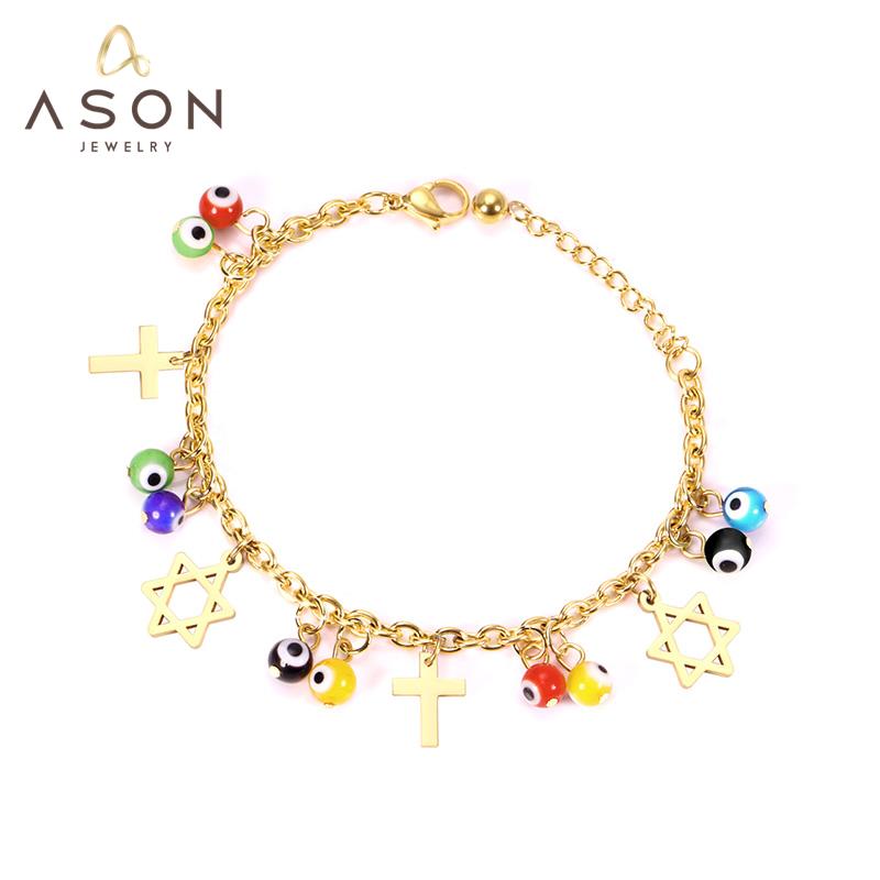ASON Bohemia Jewelry Gold Color Link Chain Bracelets Stainless Steel Cross Round Blue Eye Star Pendants for Women Bracelet asonjewelry