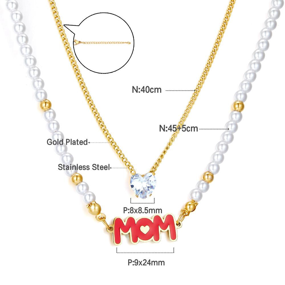 ASON White Pearl Letter Mom Heart Shape Cubic Zirconia Multi-layer Chains Necklace Gold Color Stainless Steel For Women asonjewelry