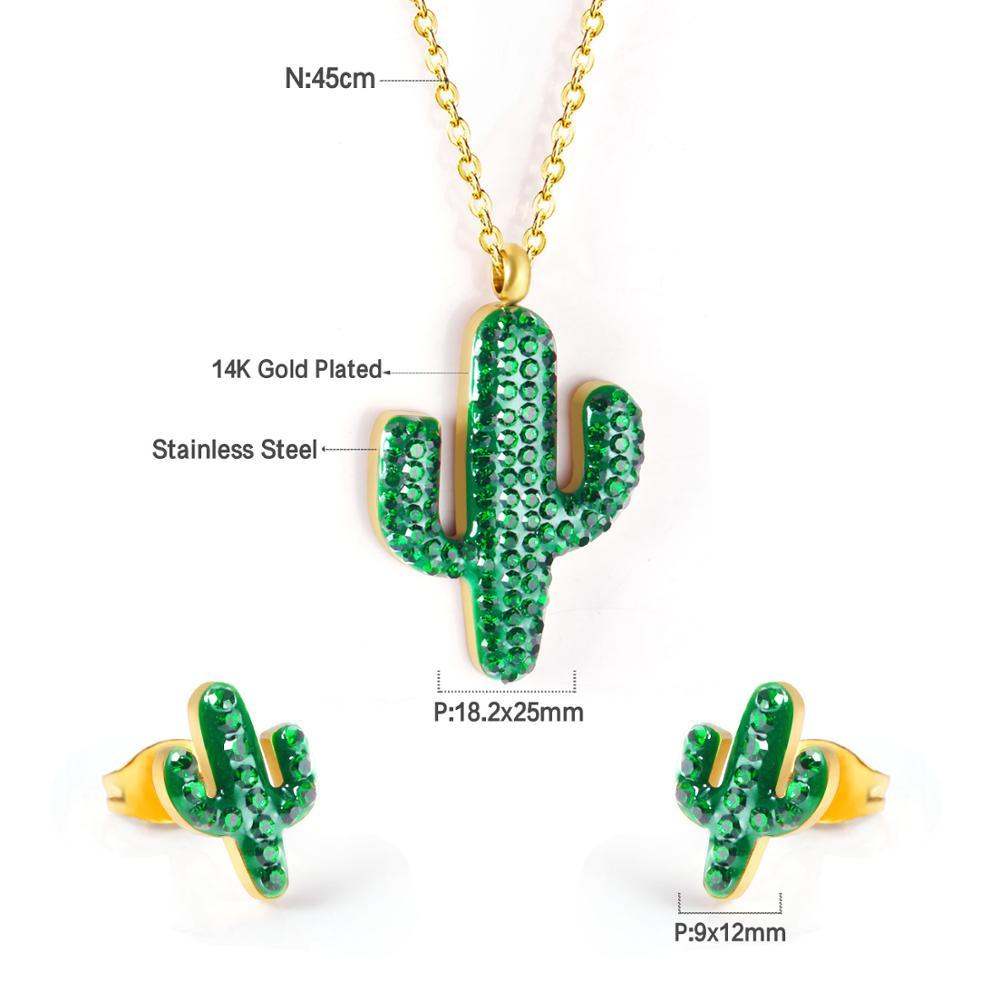 ASON Gold Color Stainless Steel Cactus Necklace and Earrings Jewelry Set with Green Rhinestone for Women Accessory Jewelry asonjewelry
