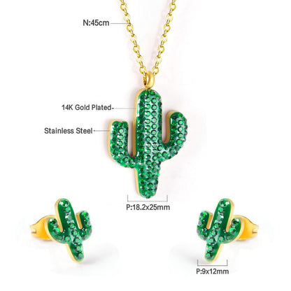ASON Gold Color Stainless Steel Cactus Necklace and Earrings Jewelry Set with Green Rhinestone for Women Accessory Jewelry asonjewelry