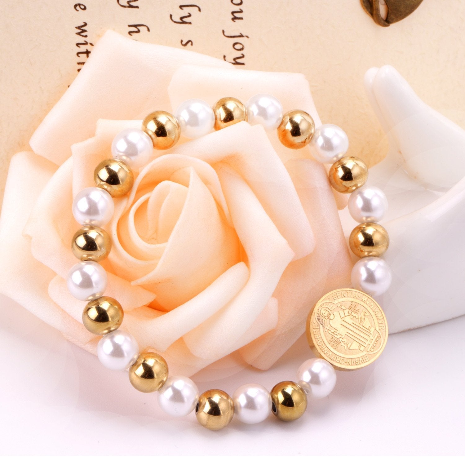ASON Pulseras Ball Beaded Bracelets With Imitation Pearl Gold Color Stainless Steel Round Jesu Pendants Women Bangle asonjewelry