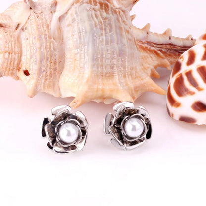 Women серёж Christmas Party Imitation Pearl Stud Earrings Rose Shape Cute Romantic Ladies Jewelry Piercing Earrings asonjewelry