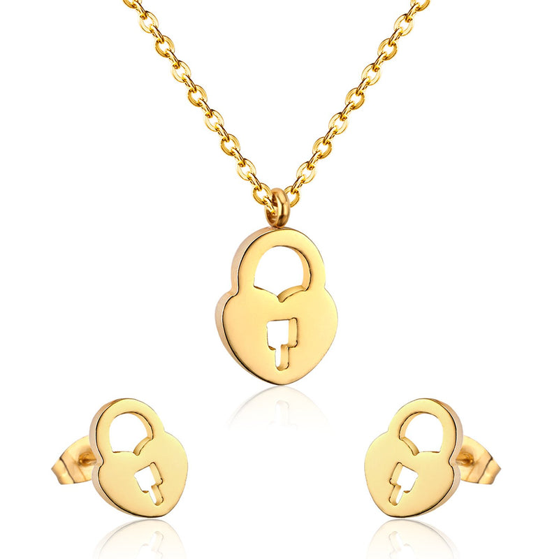 Heart Shape Lock Stainless Steel Silver Color Necklaces Earrings Sets For Ladies Party Jewelry Set pendientes mujer