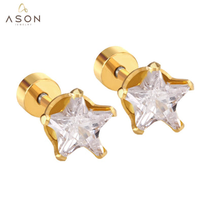 ASON Punk Small Star Screw Piercing Stud Earrings Cubic Zirconia Stainless Steel Gold Color Fashion Jewelry For Women Gift asonjewelry
