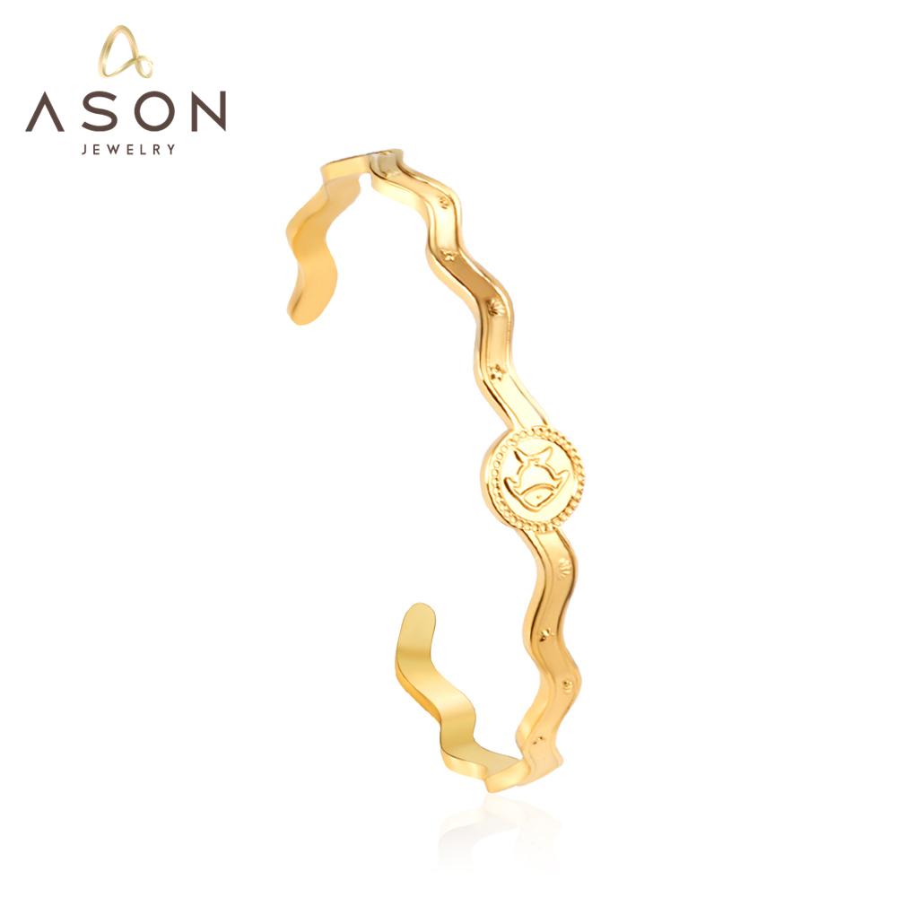 ASON Gold Color Unusual Wavy Bracelet Ocean Style Stainless Steel Open Bangle for Women Party Gift Jewelry Accessory asonjewelry