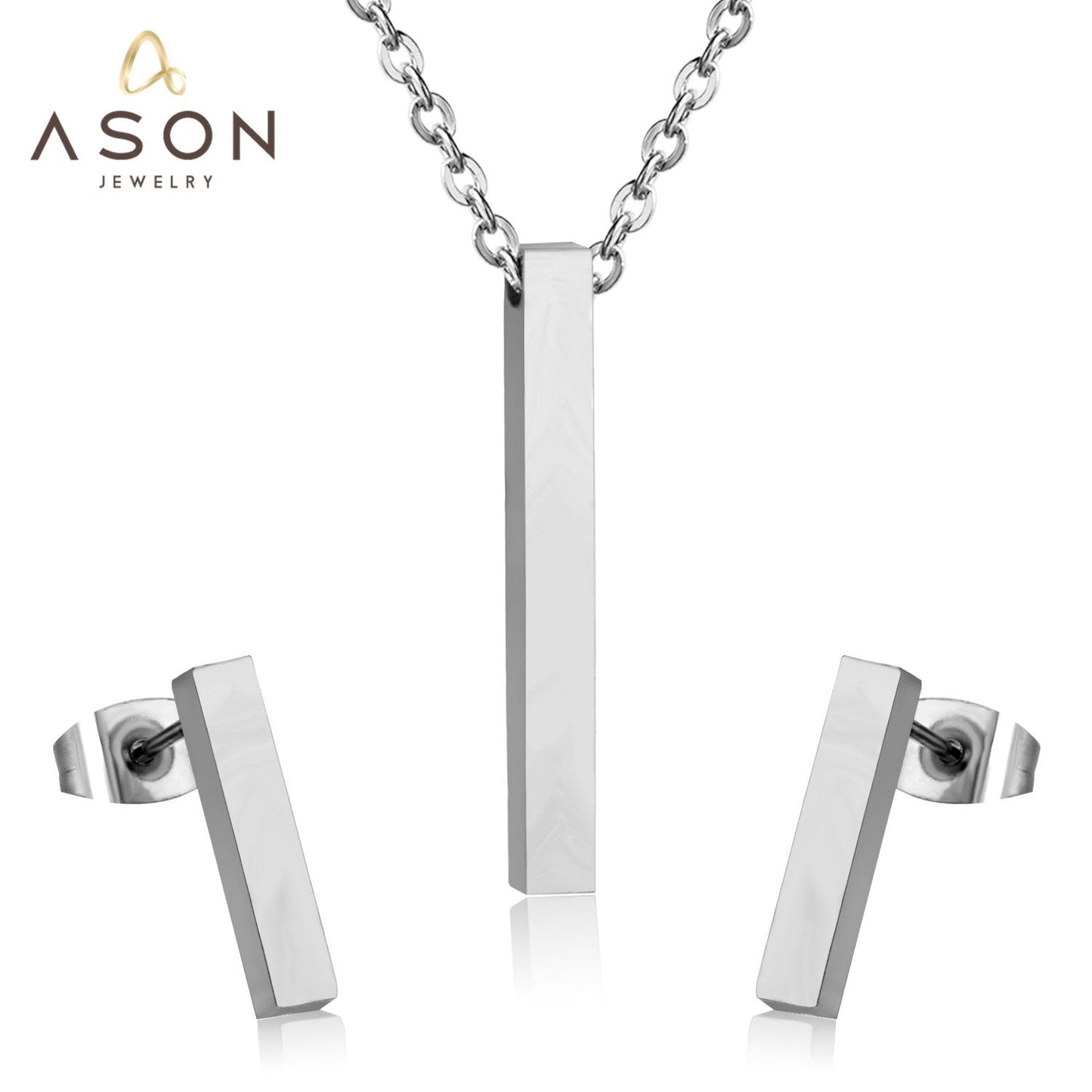 ASON Silver Color Jewelry Set Stainless Steel Vertical Bar Pendant Necklace for Women/Men Anniversary Gift Fashion Earrings asonjewelry