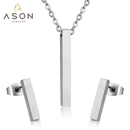 ASON Silver Color Jewelry Set Stainless Steel Vertical Bar Pendant Necklace for Women/Men Anniversary Gift Fashion Earrings asonjewelry