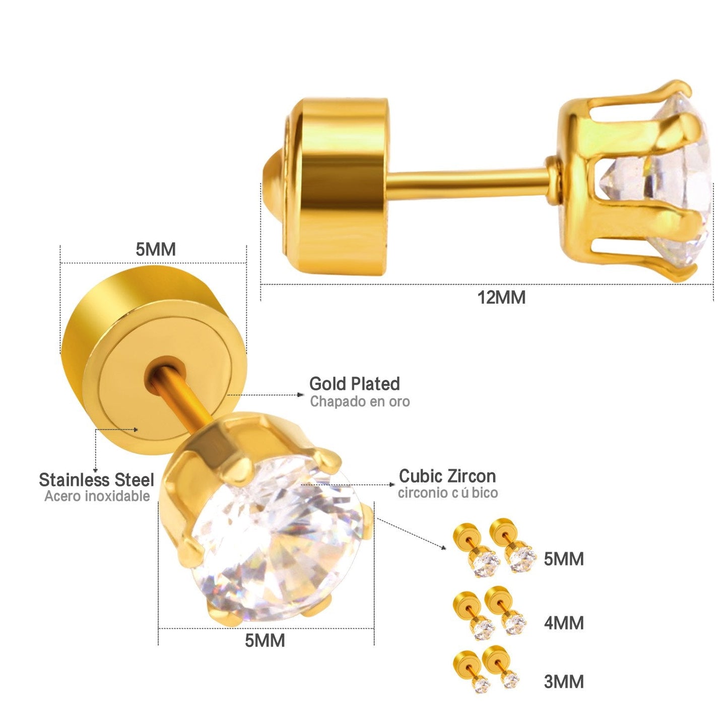 ASON Small Round Cubic Zirconia Size 3mm to 5mm Gold Color Piercing Stud Earring Stainless Steel Anti-allergy Jewelry Women asonjewelry