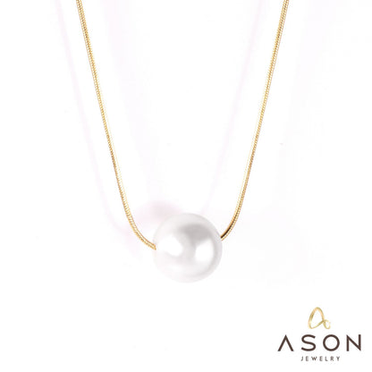 ASON Gold Color Imitation Pearl Pendant Necklace Stainless Steel Snake Chains Necklaces Simple Accessories Women/Girl Party asonjewelry