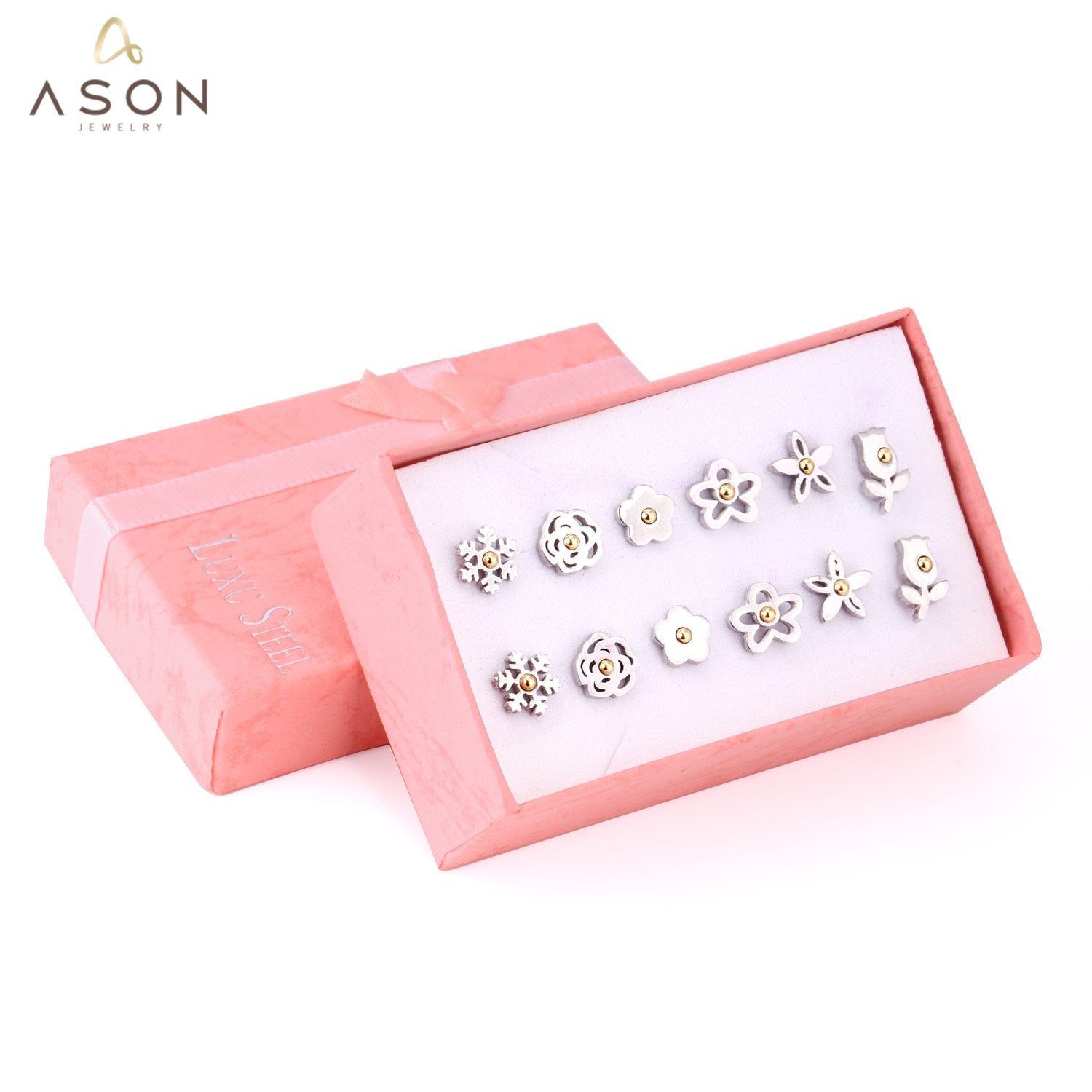 ASON 6pairs/Box Flower with Ball Classic Piercing Stud Earrings Set Stainless Steel Silver Color Fashion Jewelry for Women asonjewelry
