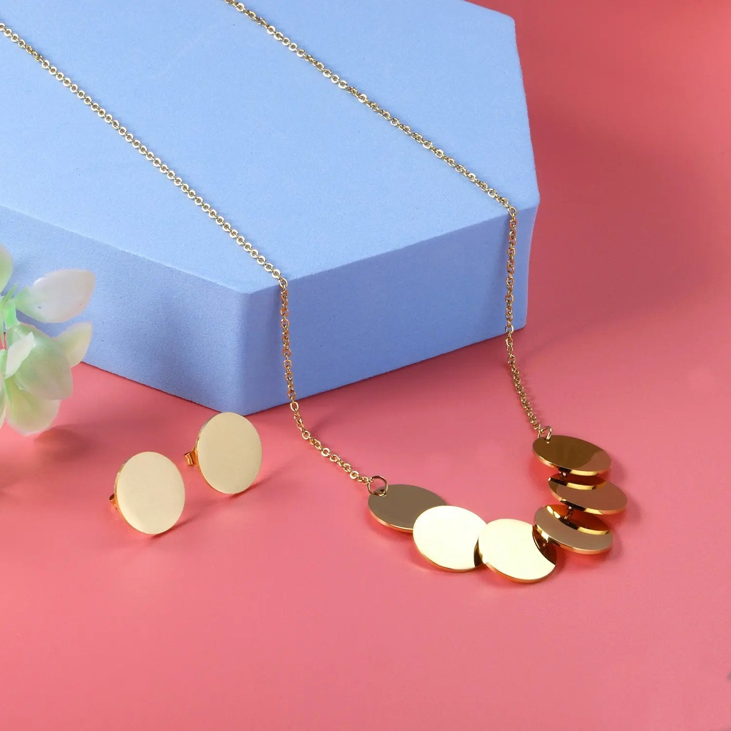 Stainless Steel Round Paillettes Trendy Necklaces Earrings Sets Jewelry Set Gold/Silver Color For Lovers Woman Gift asonjewelry