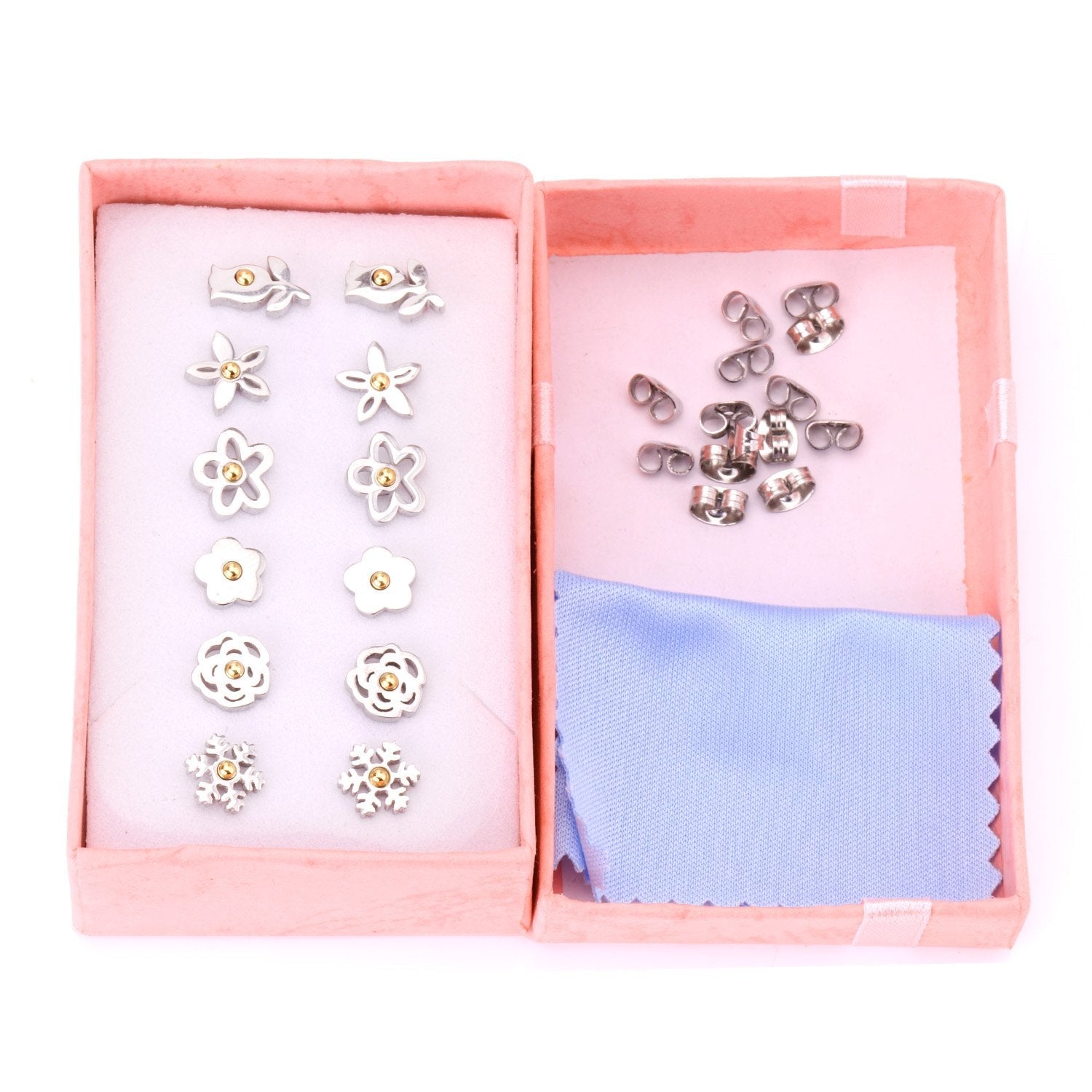 ASON 6pairs/Box Flower with Ball Classic Piercing Stud Earrings Set Stainless Steel Silver Color Fashion Jewelry for Women asonjewelry