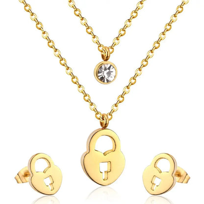 Gold/Steel Double Chains Necklace Women Accessories Stainless Steel Round Cubic Zirconia And Lock Pendant Necklace asonjewelry
