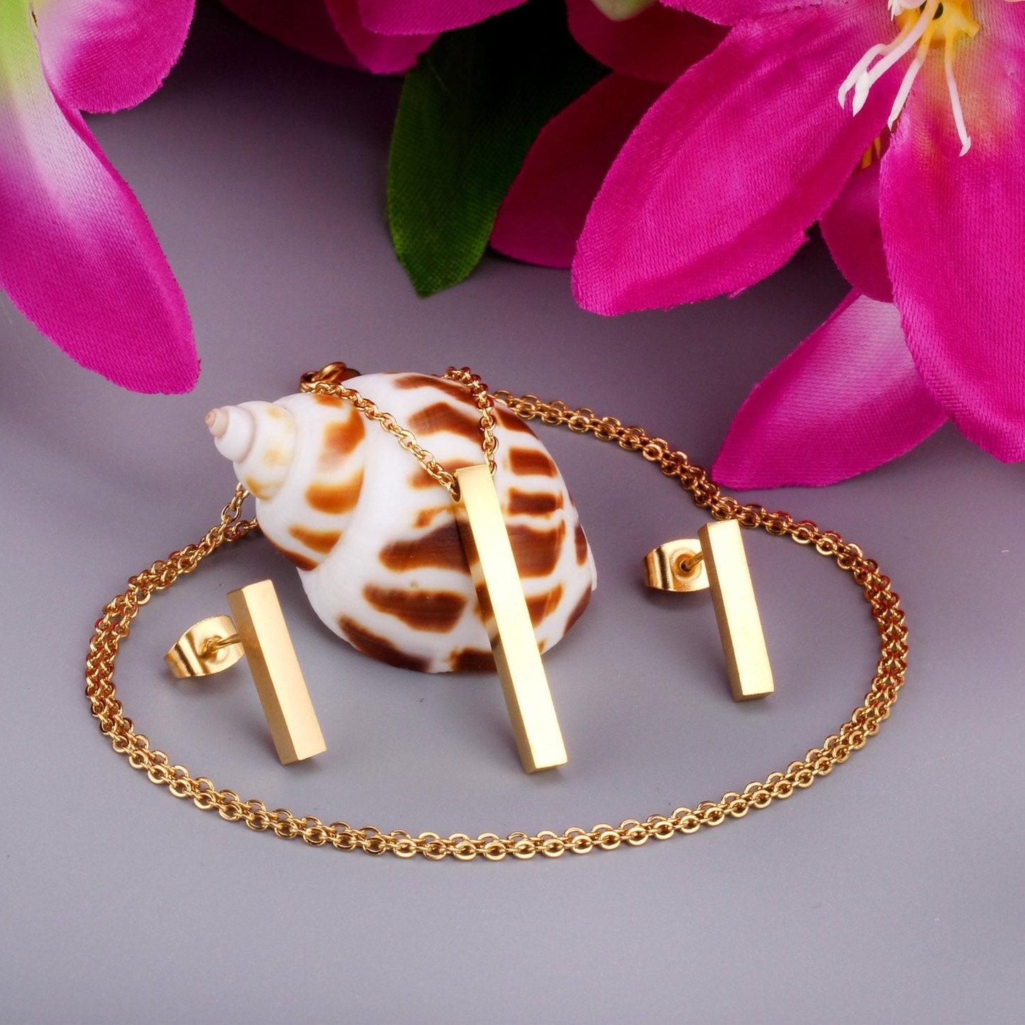 ASON Silver Color Jewelry Set Stainless Steel Vertical Bar Pendant Necklace for Women/Men Anniversary Gift Fashion Earrings asonjewelry