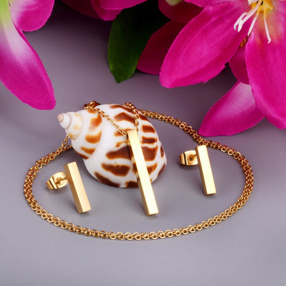 ASON Silver Color Jewelry Set Stainless Steel Vertical Bar Pendant Necklace for Women/Men Anniversary Gift Fashion Earrings asonjewelry