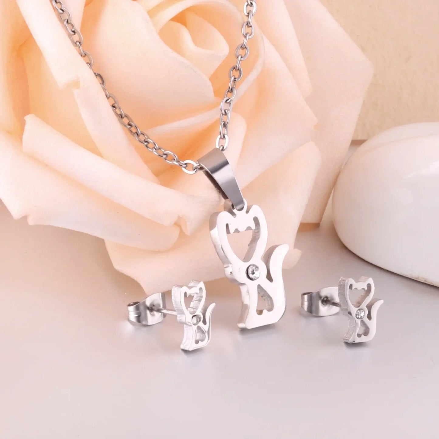Stainless Steel Little Fox With Cubic Zirconia Necklace Earrings Set Woman Wedding Jewelry Sets Anniversary Present asonjewelry