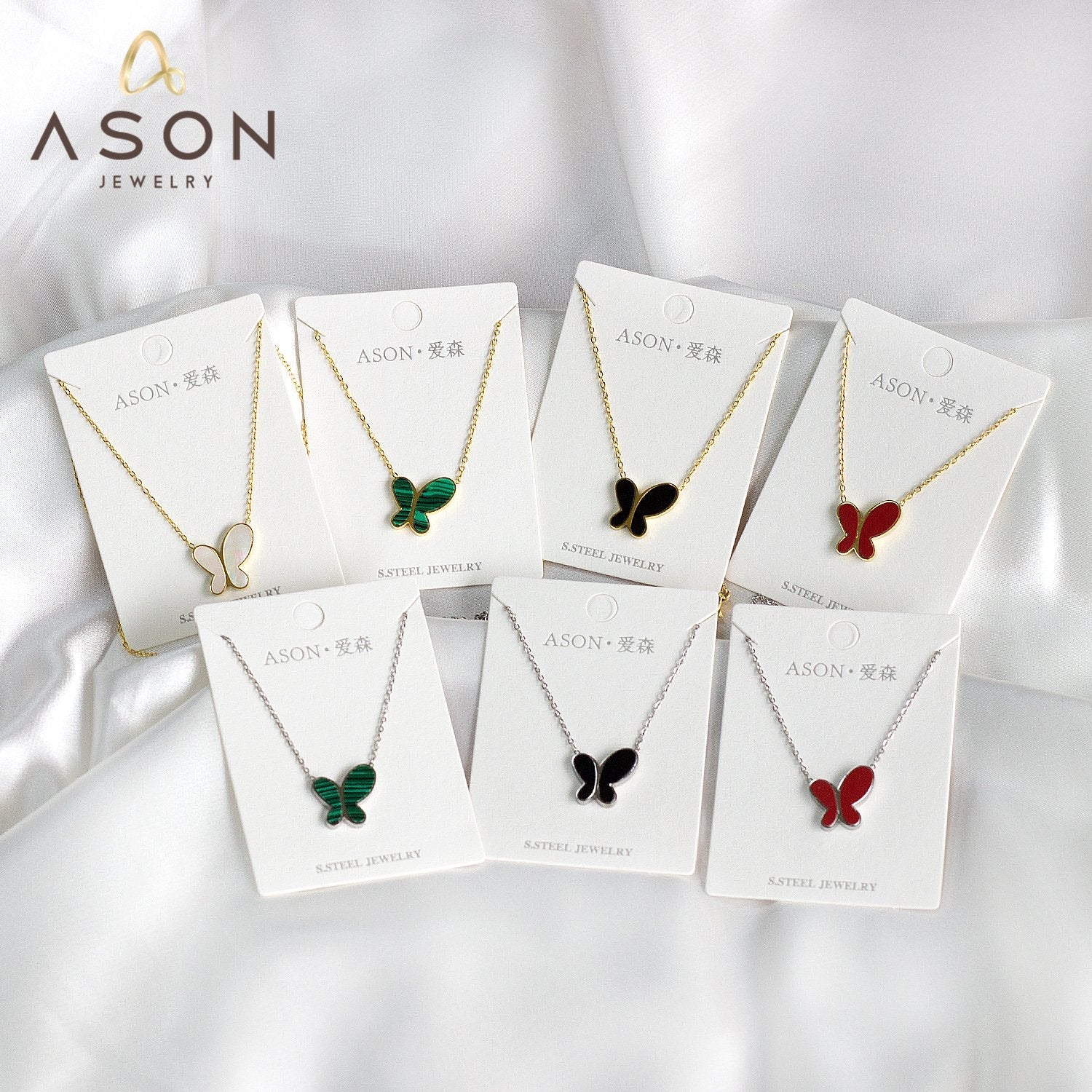 ASON Colorful Black White Shell Butterfly Chain Pendant Necklace Gold Color Stainless Steel for Women Fashion Jewelry asonjewelry