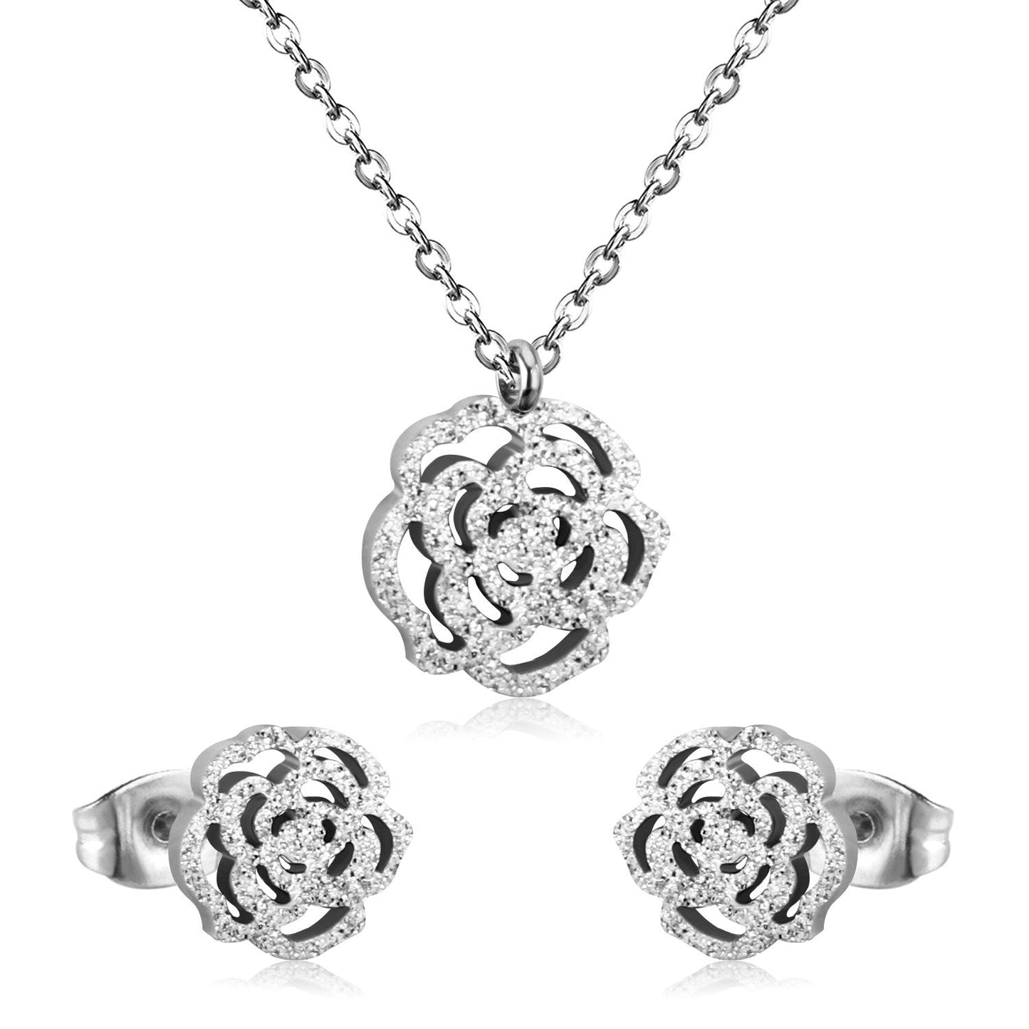 ASON Romantic Flower Shape Pendants Chain Necklace Piercing Stud Earrings Jewelry Sets Stainless Steel Gold Color For Women asonjewelry