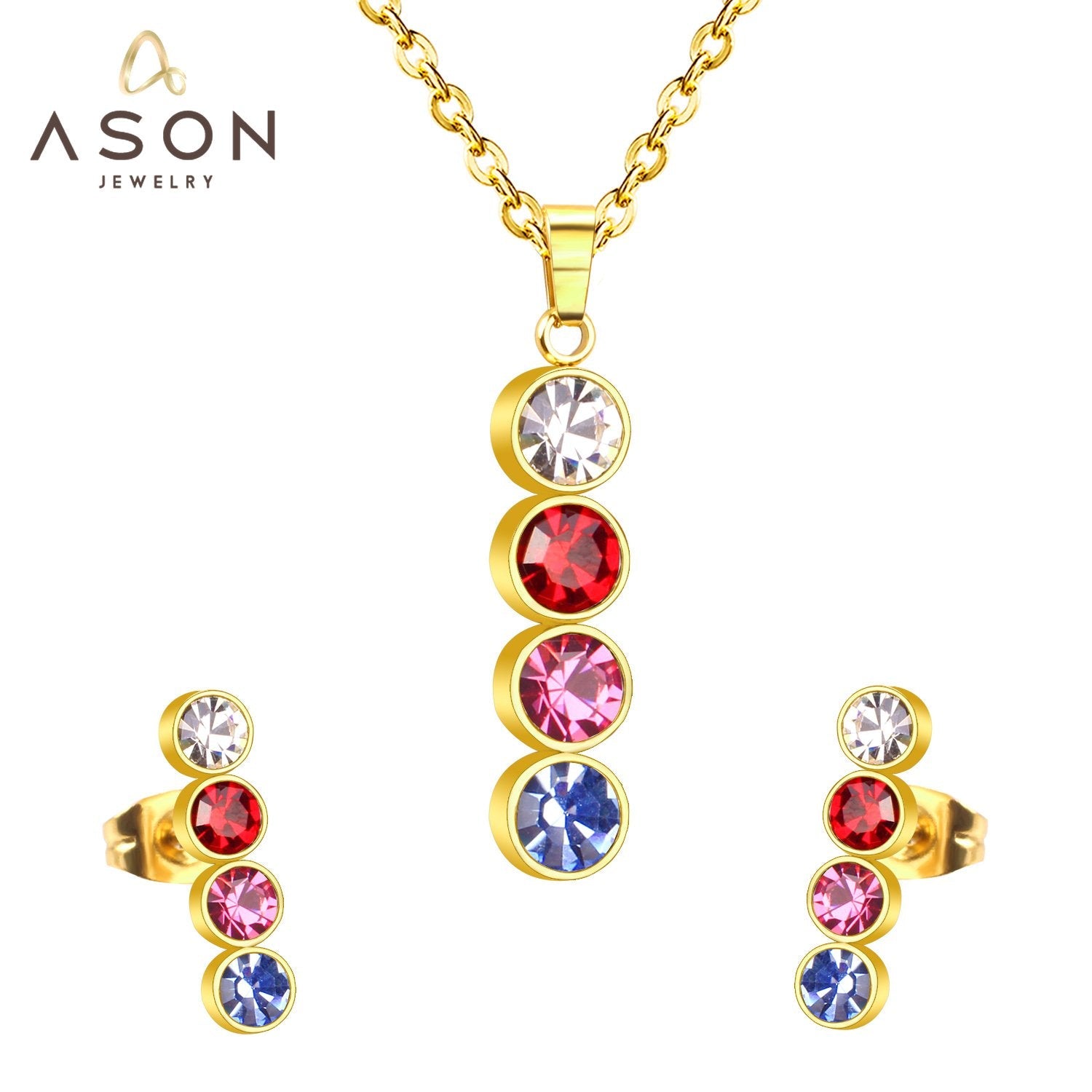 ASON Necklace Sets Colorful Round Cubic Zirconia Pendant Necklace Fashion Stud Earring Fashion Jewelry Women Party Gift asonjewelry