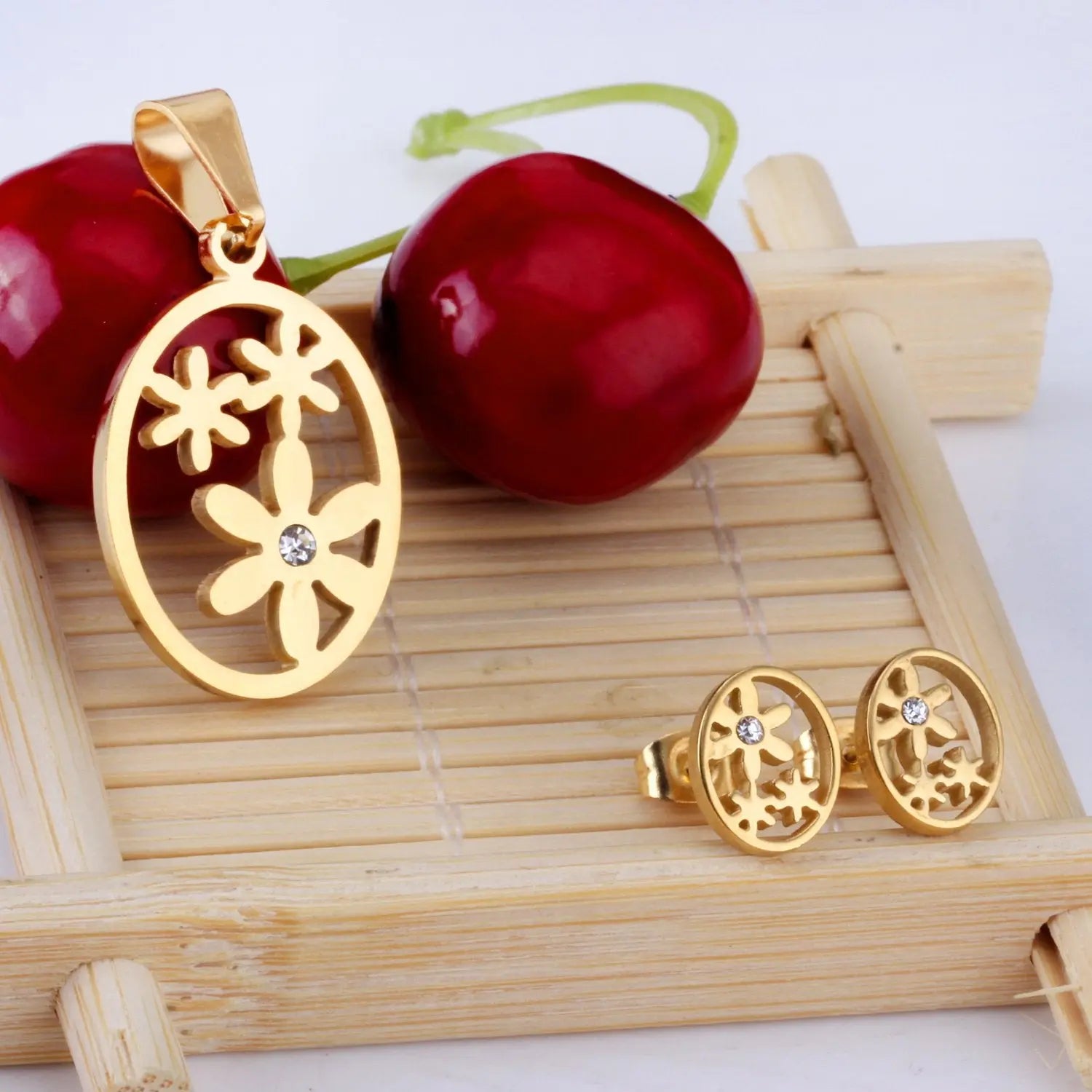 Trendy Gold Color Jewelry Set Round Shape With Crystal Flower Necklace Earring Sets asonjewelry