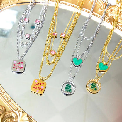 Triple Trendy Products Stainless Steel Necklaces For Woman Snake Beads Chain Green Heart Pink Zirconia Vneck Choker asonjewelry