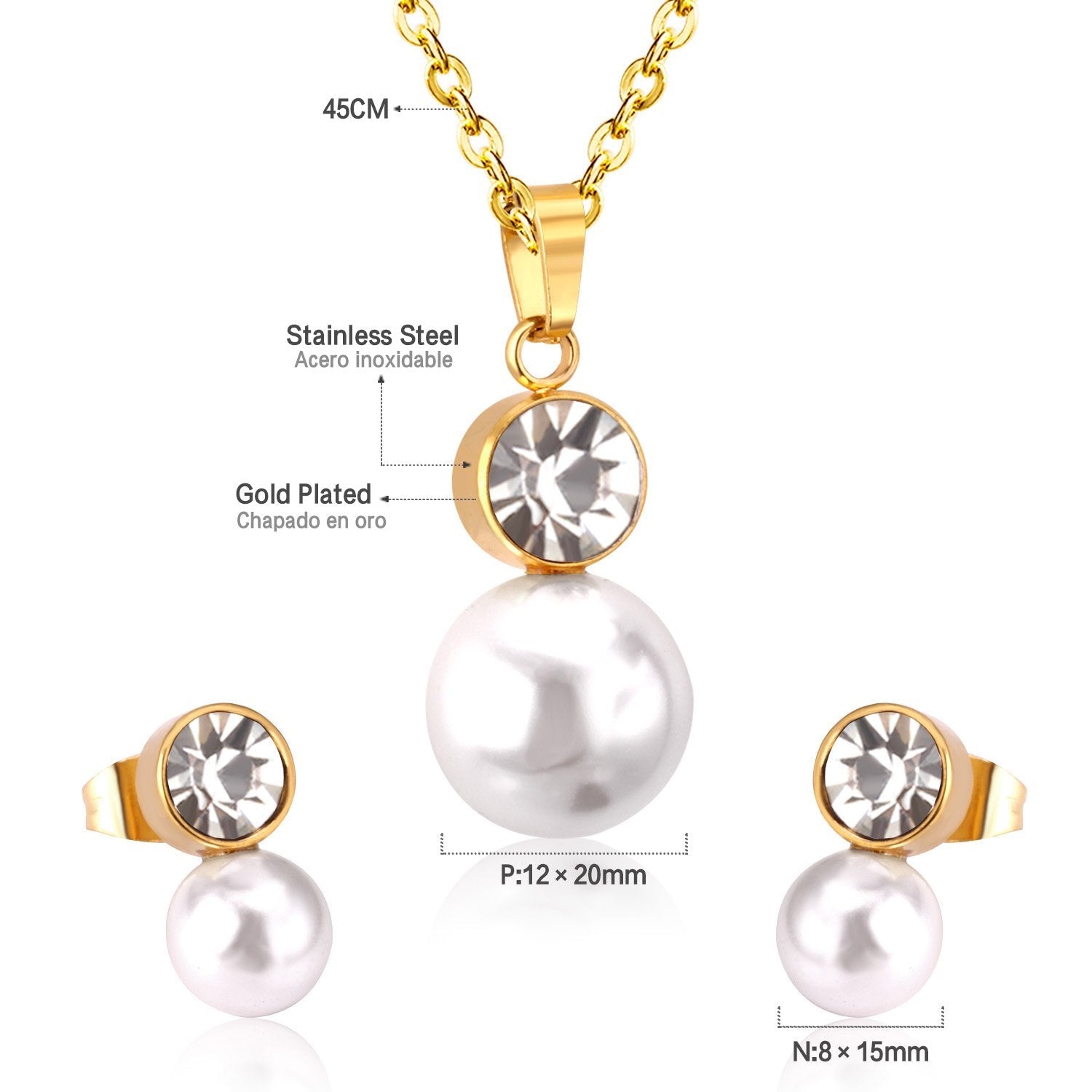 ASON  Classic Jewelry Dubai Jewelry Sets Round Imitation Pearl Pendant Necklace Earring Sets With Round Zirconia Pendants asonjewelry