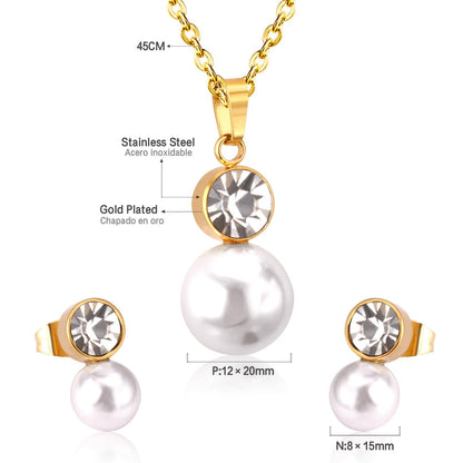 ASON  Classic Jewelry Dubai Jewelry Sets Round Imitation Pearl Pendant Necklace Earring Sets With Round Zirconia Pendants asonjewelry
