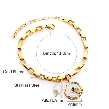 ASON Gold Color Stainless Steel 18+3cm Round Ring Spaceman And Pearl Jewelry Accessory Bracelets For Women Streetwear Daily asonjewelry