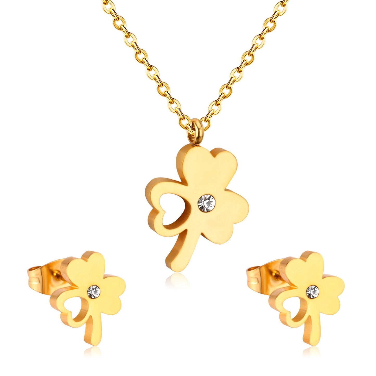 ASON Flower Cubic Zirconia Chain Pendant Necklace Piercing Stud Earrings Jewelry Sets Gold Color Stainless Steel For Women asonjewelry