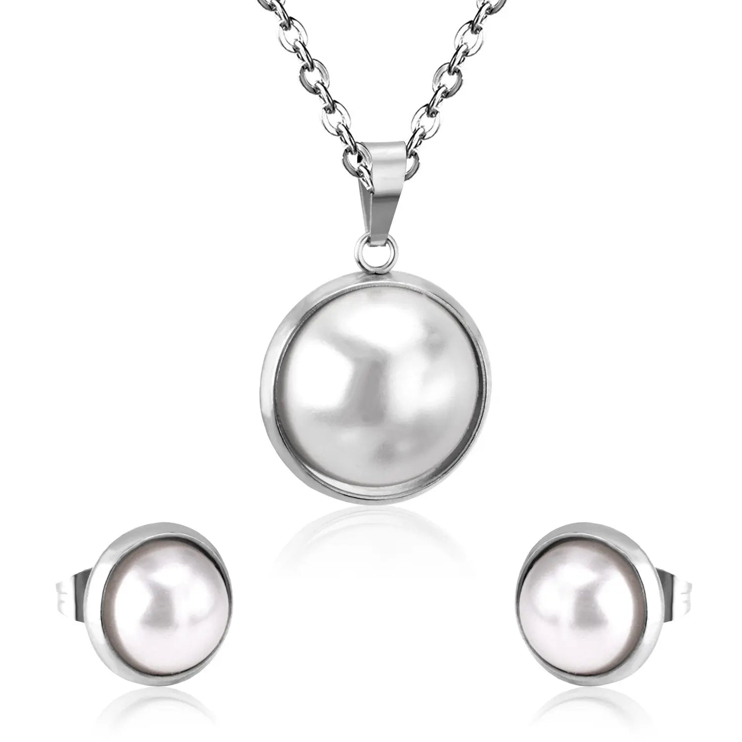 Half Imitation Pearl Stainless Steel Necklace Earrings Set Gold/Silver Color For Woman Wedding Jewellry Accessories asonjewelry