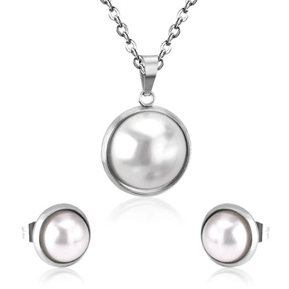 Half Imitation Pearl Stainless Steel Necklace Earrings Set Gold/Silver Color For Woman Wedding Jewellry Accessories asonjewelry