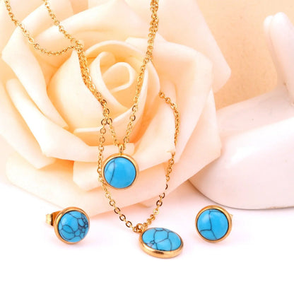 Gold Color Round Double Chain Pendant Necklaces Earrings For Woman jewelry Set Valentine Presents parures bijoux asonjewelry