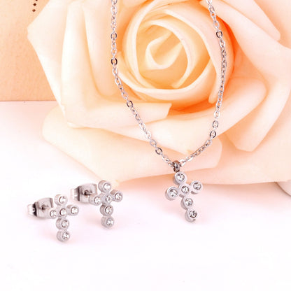 ASON Classical Cross Wedding Zirconia Jewelry Set Pendant Necklace & Drop Stud Earrings Gold 316L Stainless Steel for Women asonjewelry