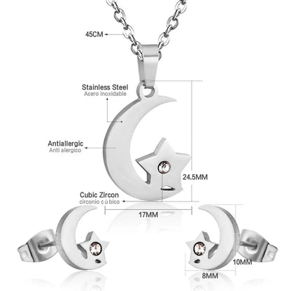 Crystal Moon Star Necklace Earring Sets Stainless Steel Dubai Indian Wedding Gold Jewelry Set For Women Girls asonjewelry