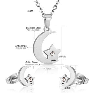 Crystal Moon Star Necklace Earring Sets Stainless Steel Dubai Indian Wedding Gold Jewelry Set For Women Girls