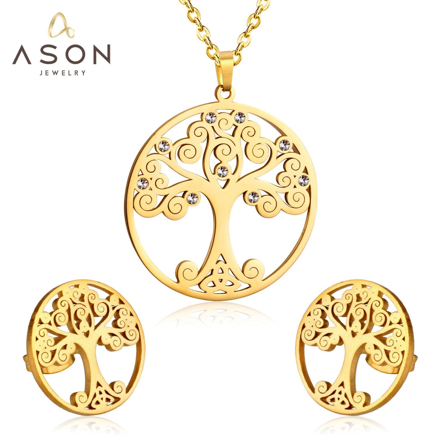 ASON 316L Stainless Steel Bridal Inner Tree Pendant Wedding Jewelry Set for Women 2019 Necklace Pendant Small Stud Earring asonjewelry