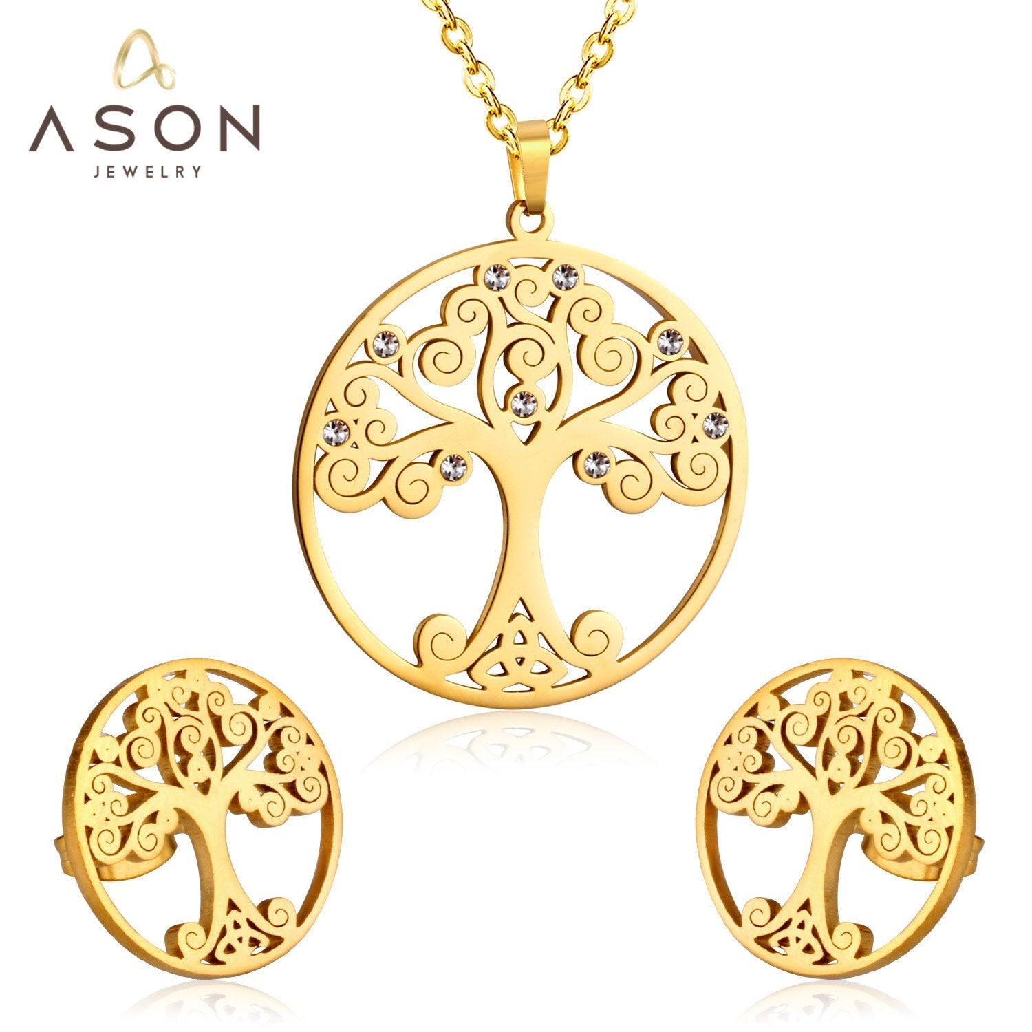 ASON 316L Stainless Steel Bridal Inner Tree Pendant Wedding Jewelry Set for Women 2019 Necklace Pendant Small Stud Earring asonjewelry
