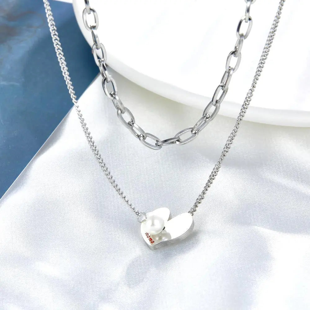 Stainless Steel Heart Imitation Pearl Pendant Necklace Collars Trendy Gold Color Double Chains Necklace Wedding asonjewelry