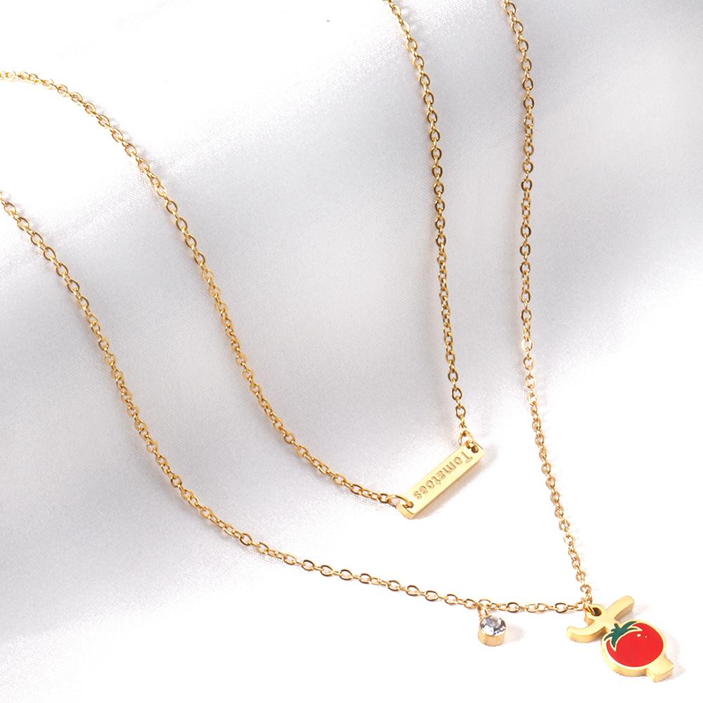 ASON Tomato Pendant Multi Layer Necklace Gold Color Stainless Steel Chain with Cubic Zirconia for Women Girl Fashion Gift asonjewelry