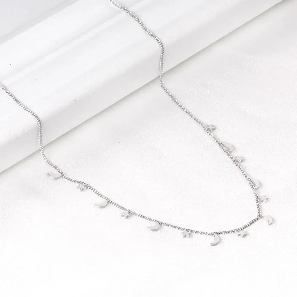 New Arrival Steel Color Moon And Star Pendant Necklace Female Jewelry Chains Necklaces Party Jewlley bijoux femme asonjewelry