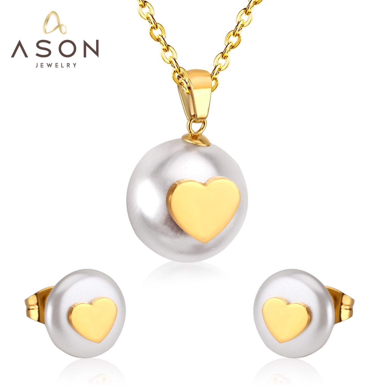 ASON Imitation Pearl Bridal Wedding Jewelry Set for Women Stainless Steel Pendant Necklace Small Stud Earring Gold Color asonjewelry