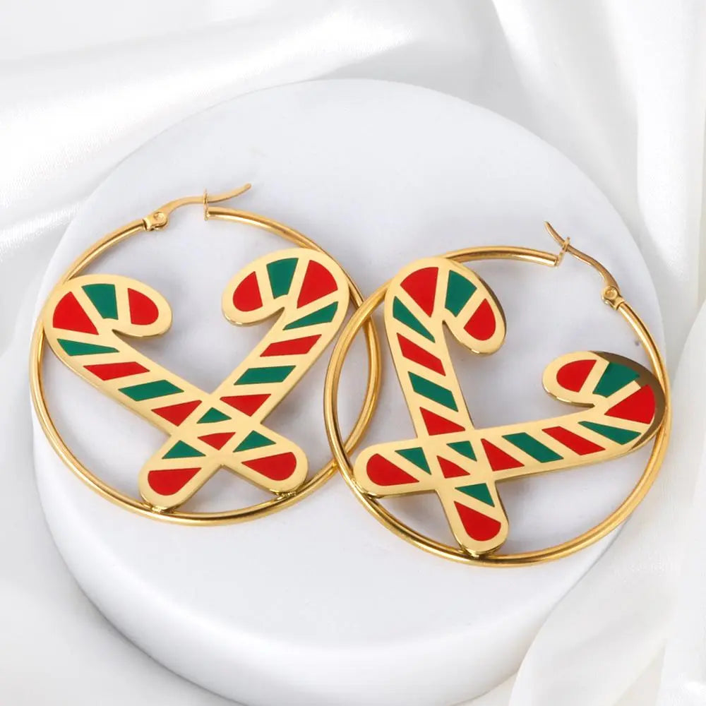 Santa Circle Big Hoop Earrings For Christmas Cute Christmas Tree Stocking Canes Jingle Bell Charm Earrings Trendy asonjewelry