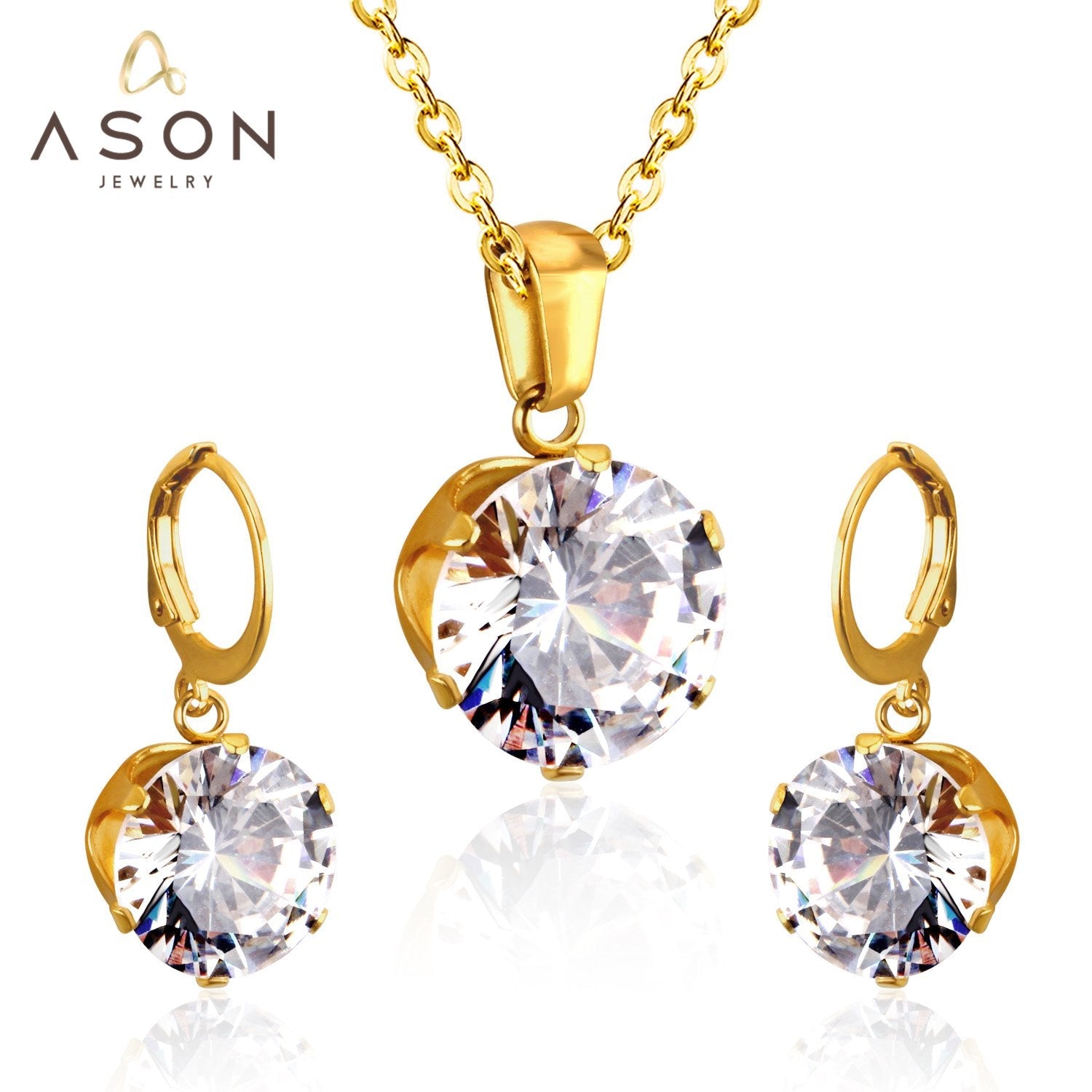 ASON Bridal Jewelry Sets Round Cubic Zirconia Pendants Stainless Steel Drop Earring Fashion Accessories Mujer Party Wedding asonjewelry