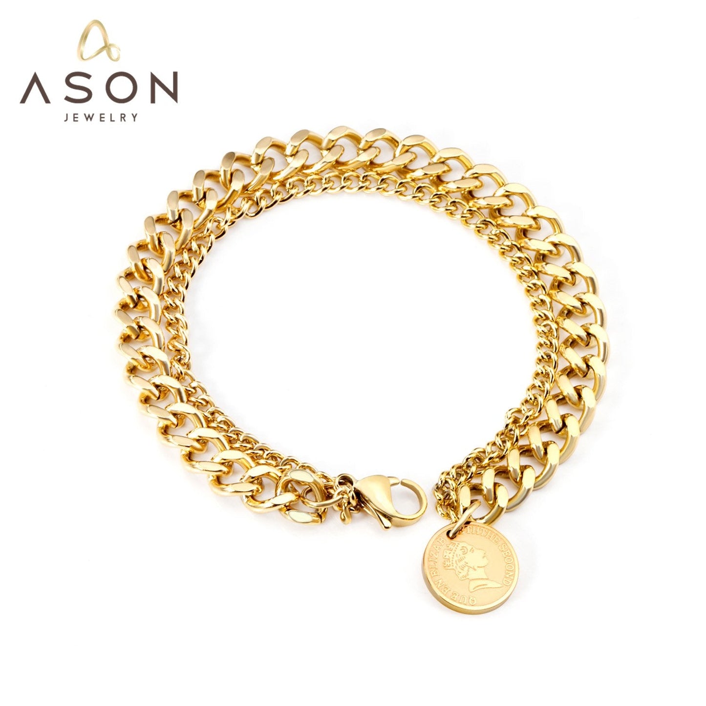 ASON Fashion 316L Stainless Steel Double Chain Bracelet with Coin Cuban Link Chain Bangles Unisex Wrist Jewelry asonjewelry